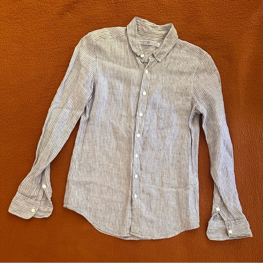 R&D.M.Co Oldman’s Tailor - Japanese Linen Striped Shirt - Blue White - XS S